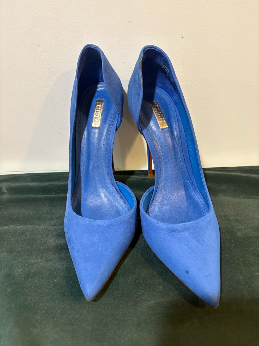 Schutz Blue Suede Pointed-Toe High Heels